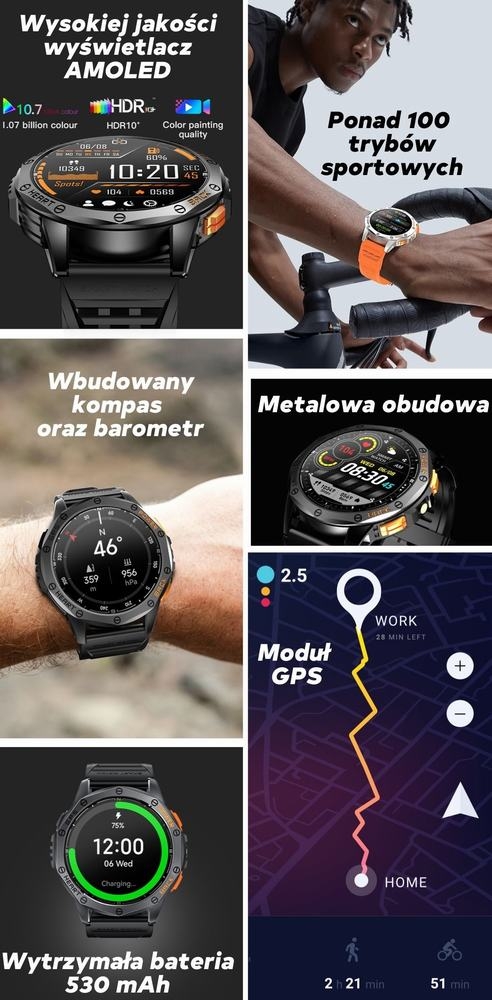 Smartwatch Męski GRAVITY GPS GT24-3 Czarny Pasek Silikonowy + Pomarańczowy Pasek Silikonowy - obrazek 2