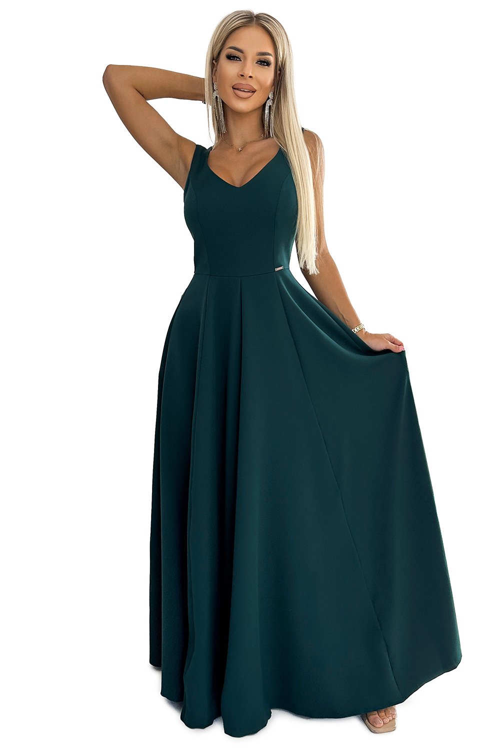 246-5 CINDY długa elegancka suknia z dekoltem - ZIELONA - obrazek 7
