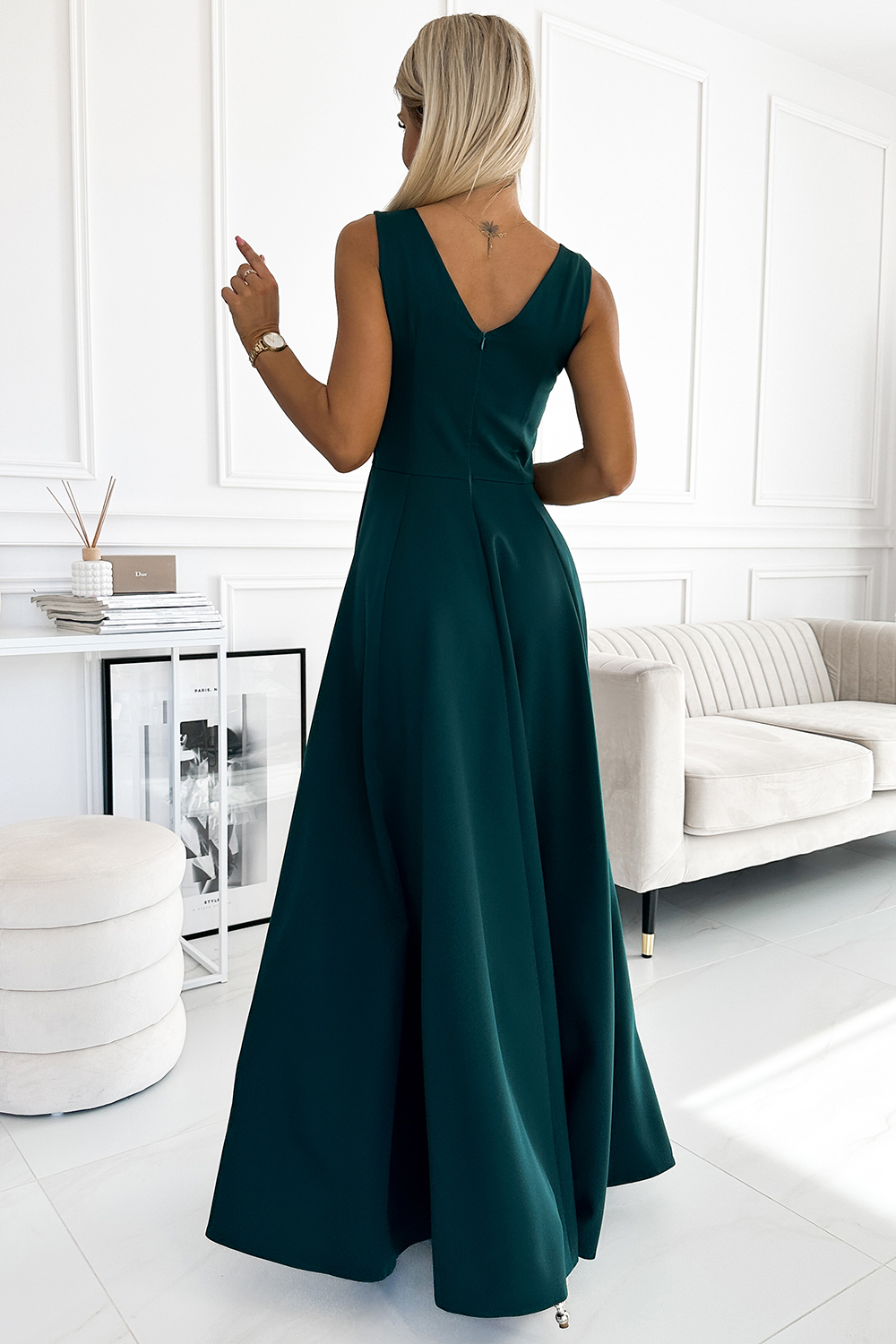 246-5 CINDY długa elegancka suknia z dekoltem - ZIELONA - obrazek 3