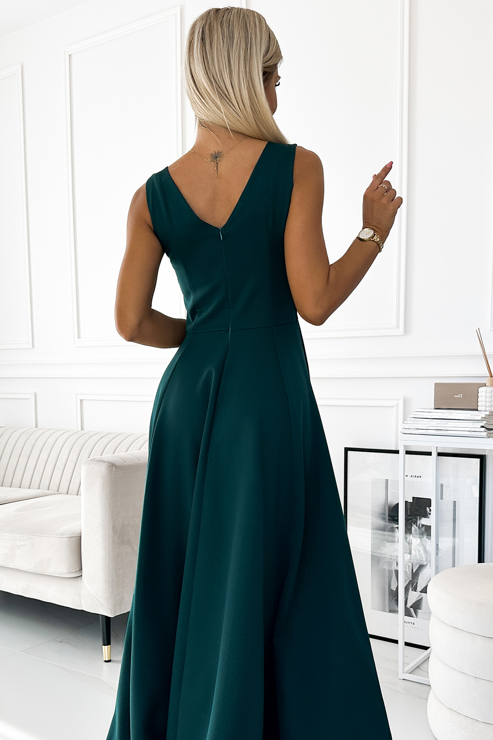 246-5 CINDY długa elegancka suknia z dekoltem - ZIELONA - obrazek 5