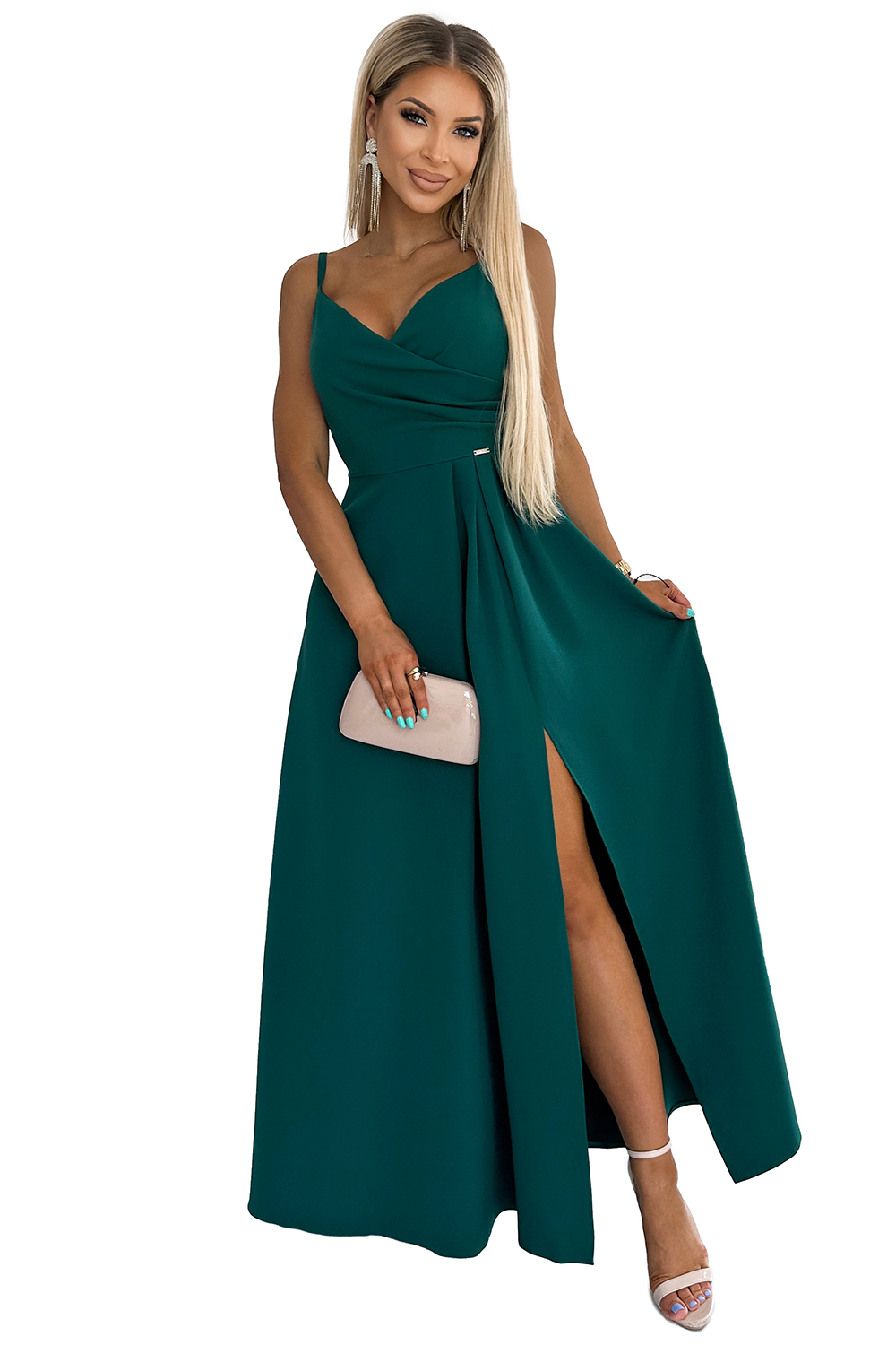 299-11 CHIARA elegancka maxi długa suknia na ramiączkach - ZIELONA - obrazek 7