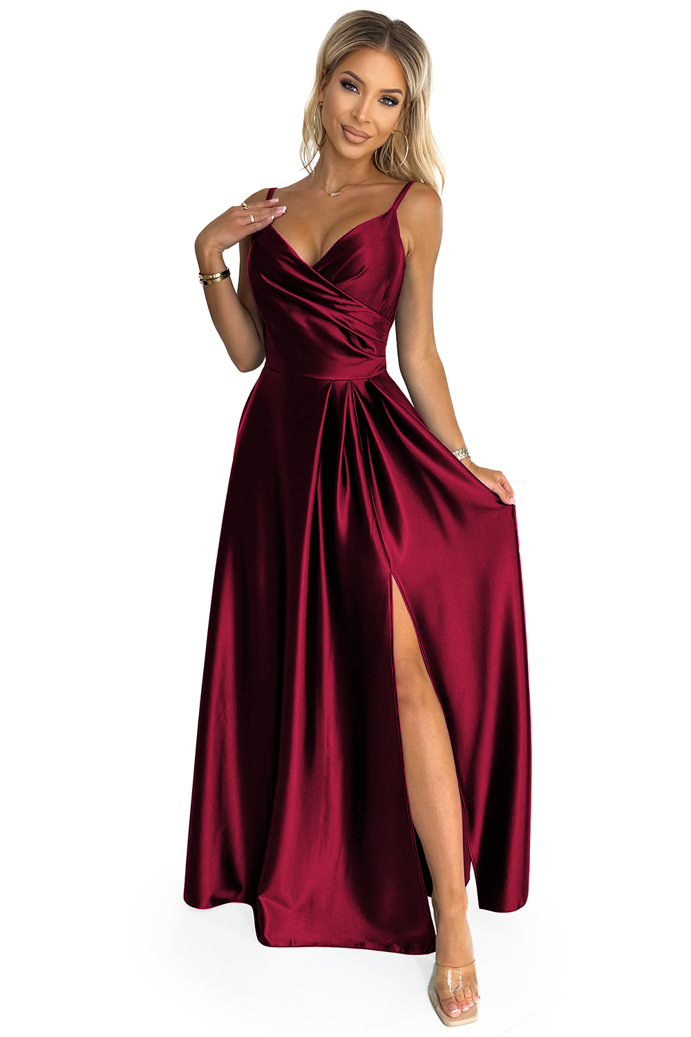 299-13 CHIARA elegancka maxi długa satynowa suknia na ramiączkach - BORDOWA - obrazek 7