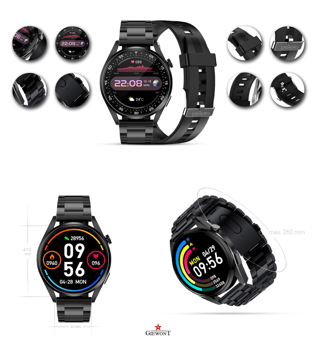 Smartwatch GIEWONT Vertex SmartCall GW450-1 Carbon/Carbon Silikon - obrazek 2