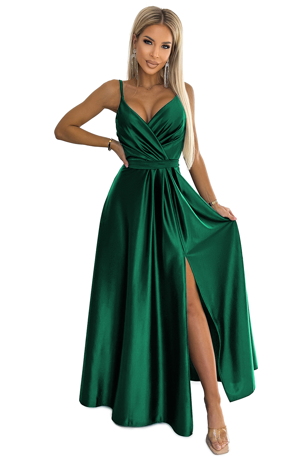 512-1 JULIET elegancka długa satynowa suknia z dekoltem - ZIELEŃ BUTELKOWA - obrazek 7