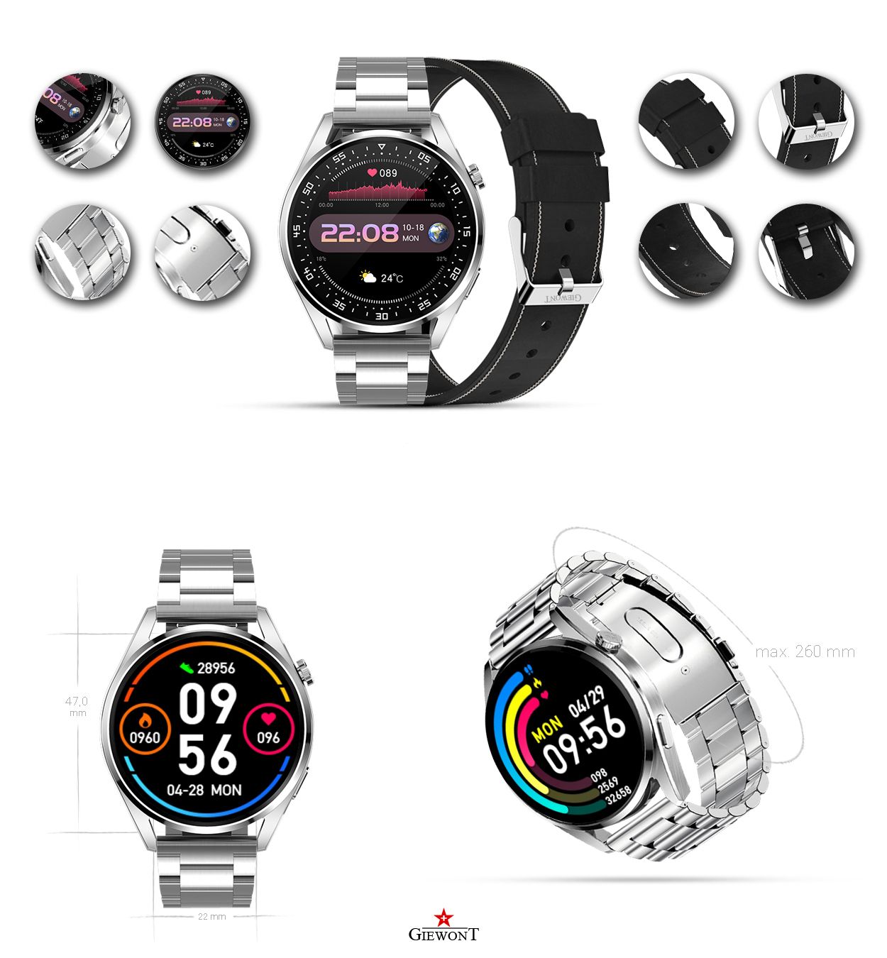 Smartwatch GIEWONT Vertex SmartCall GW450-5 Silver/Carbon Leather - obrazek 2