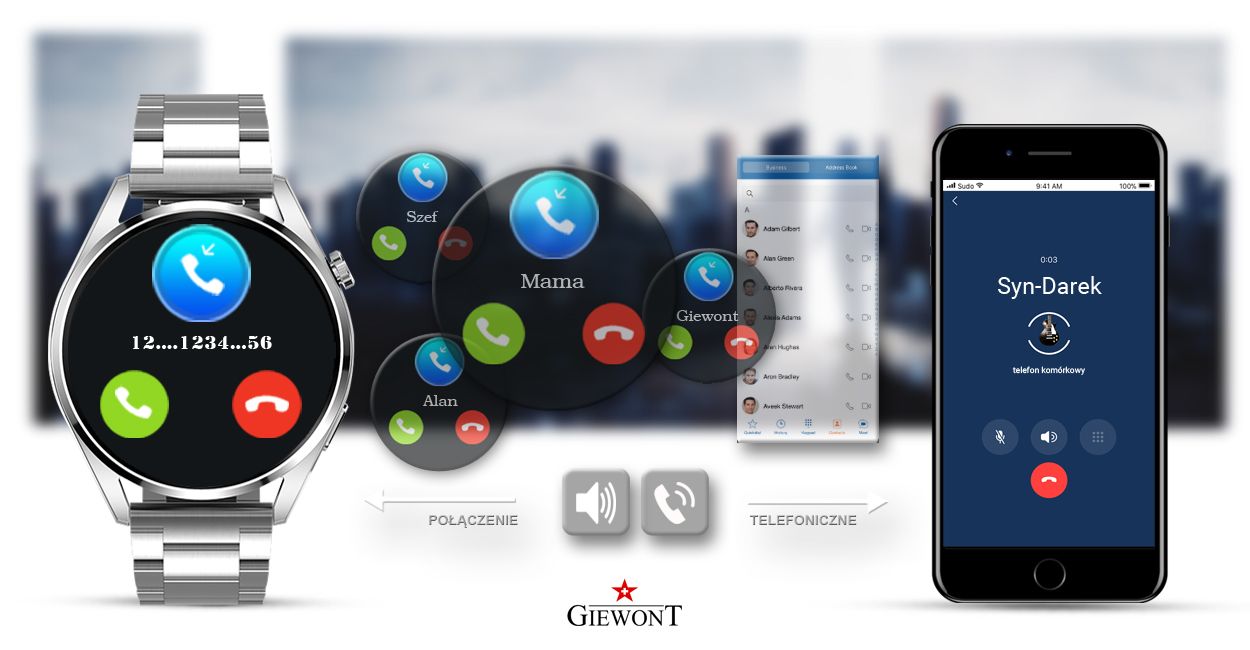 Smartwatch GIEWONT Vertex SmartCall GW450-5 Silver/Carbon Leather - obrazek 5