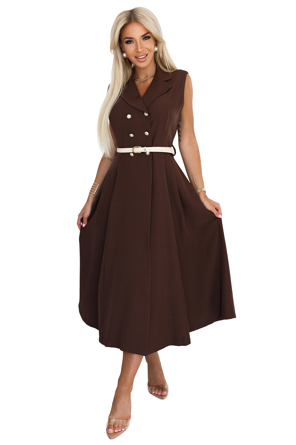 596-4 Elegancka szmizjerka midi ze złotymi guzikami i paskiem - CZEKOLADOWA - obrazek 8