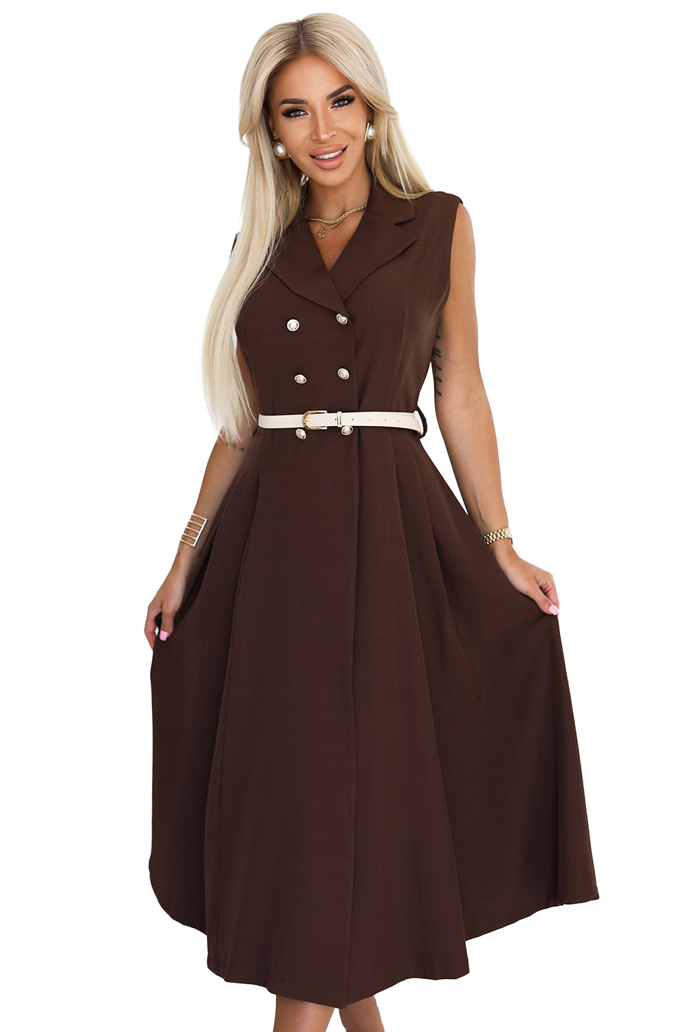 596-4 Elegancka szmizjerka midi ze złotymi guzikami i paskiem - CZEKOLADOWA - obrazek 7