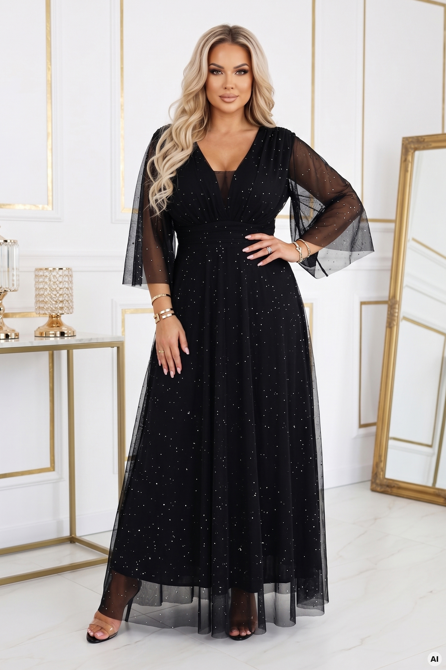 654-5 Długa połyskująca sukienka plus size z dekoltem i transparentnym rękawkiem - czarna - obrazek 4