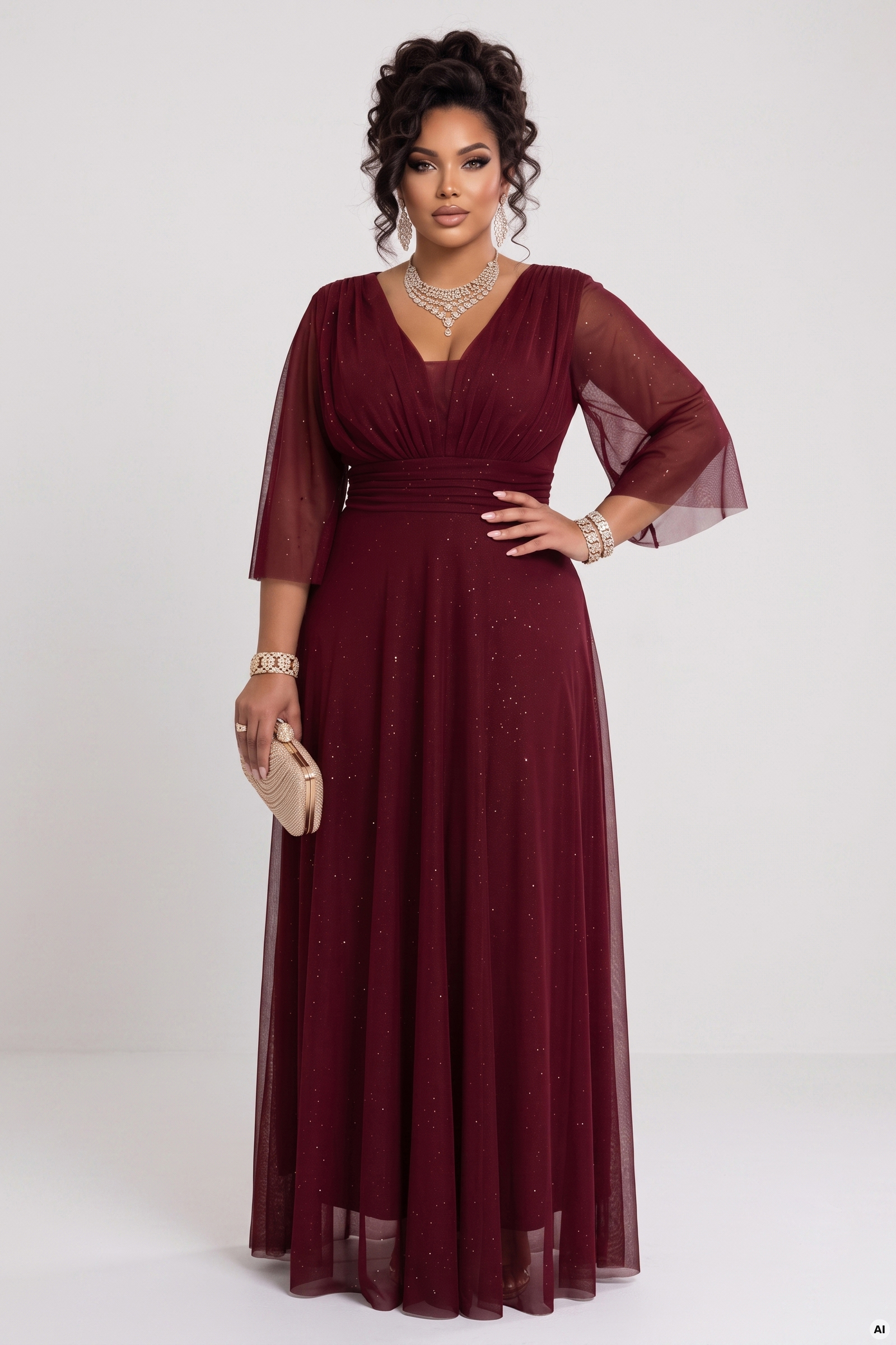 654-6 Długa połyskująca sukienka plus size z dekoltem i transparentnym rękawkiem - bordowa - obrazek 8