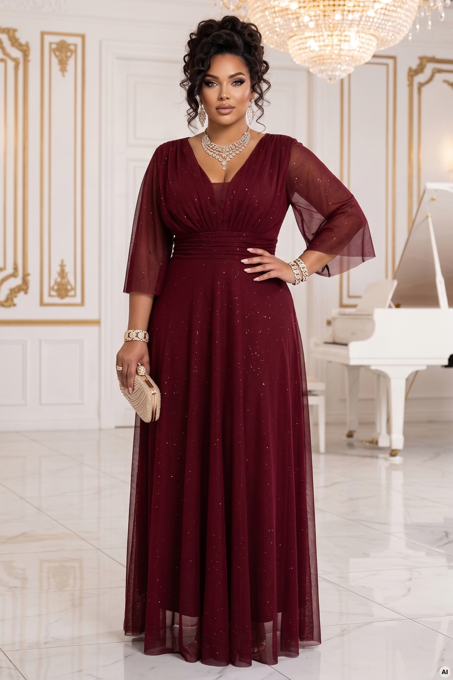 654-6 Długa połyskująca sukienka plus size z dekoltem i transparentnym rękawkiem - bordowa - obrazek 6