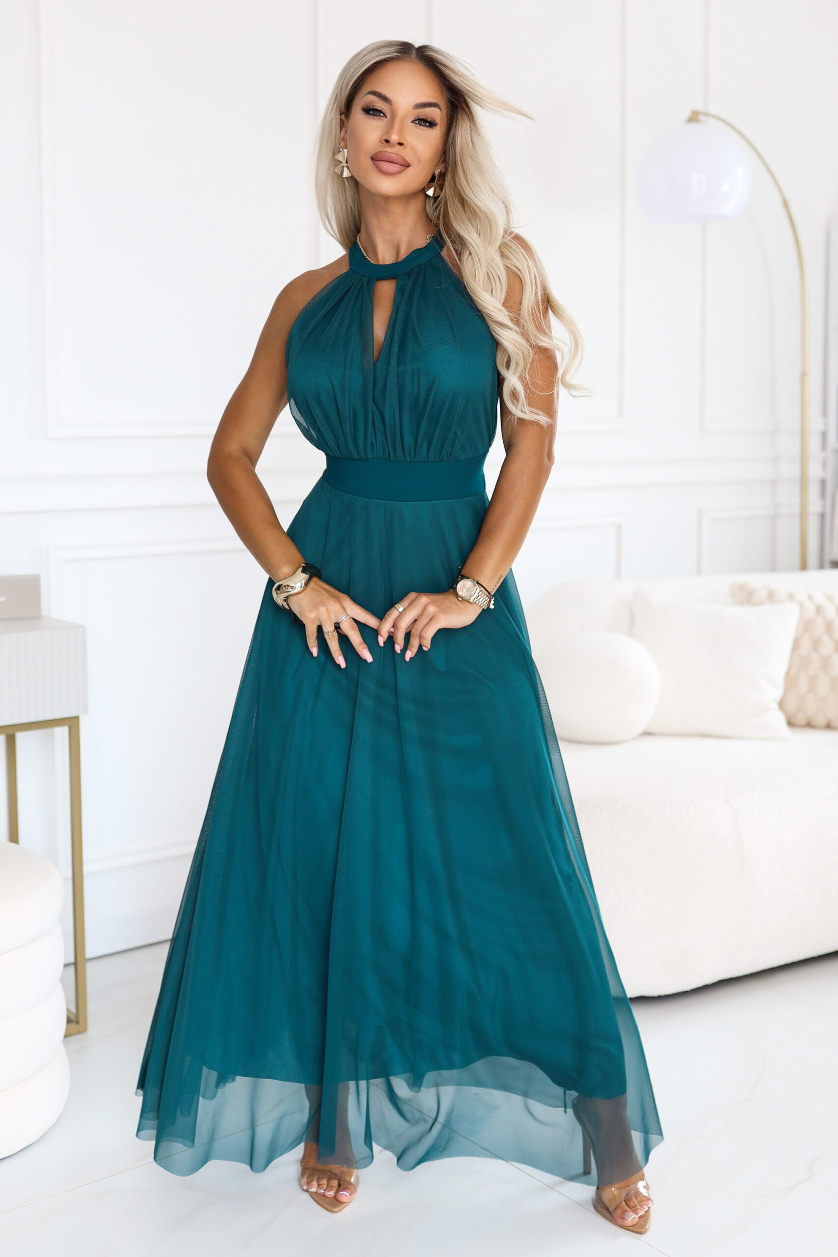 662-4 Elegancka sukienka wieczorowa maxi halter z tiulem i wiązaniem w talii - zielona - obrazek 5