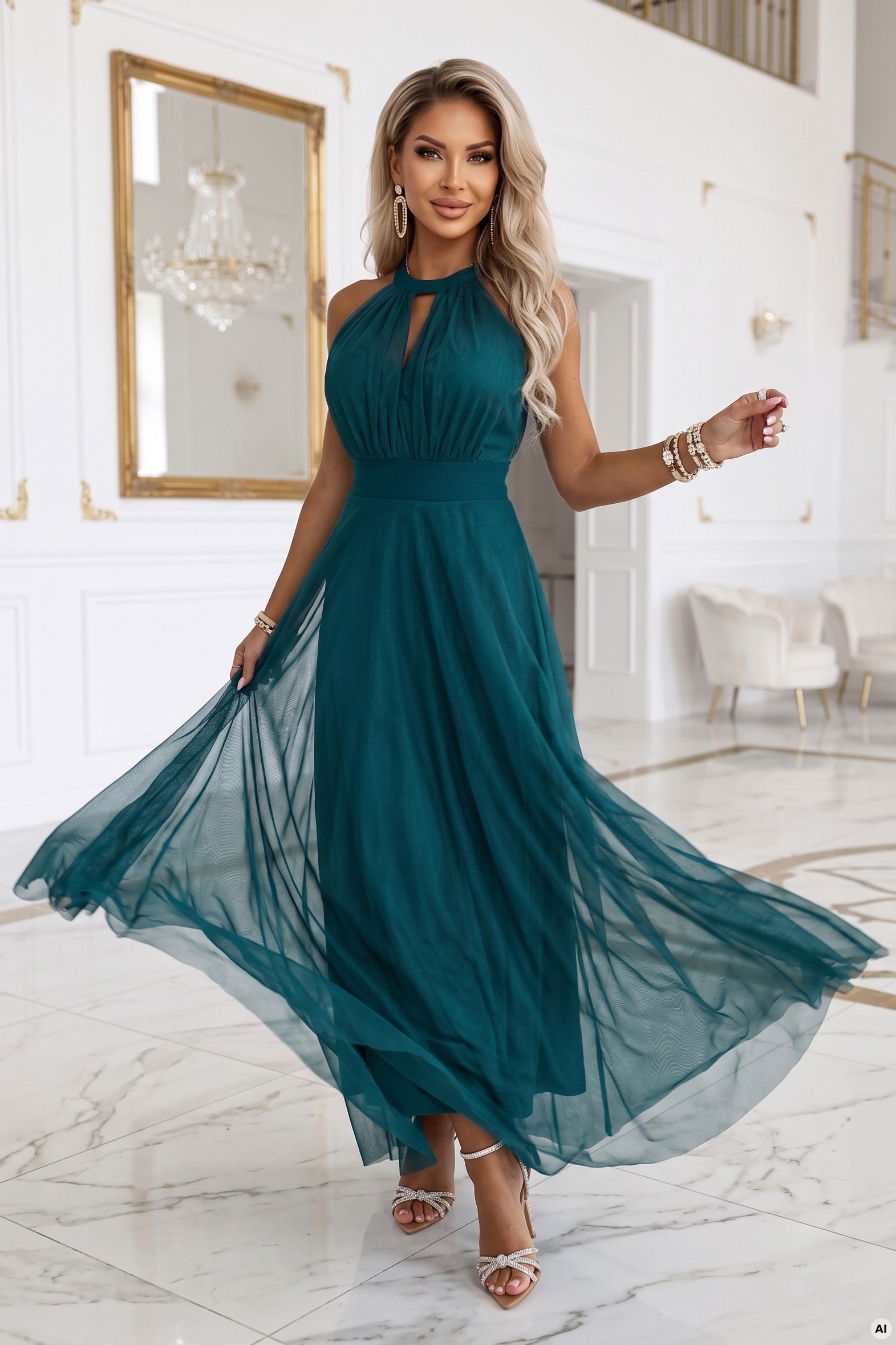 662-4 Elegancka sukienka wieczorowa maxi halter z tiulem i wiązaniem w talii - zielona - obrazek 8