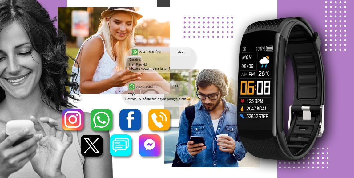 Smartwatch GIEWONT Czarno Jasnofioletowy 2 Paski GW200-8 - obrazek 8