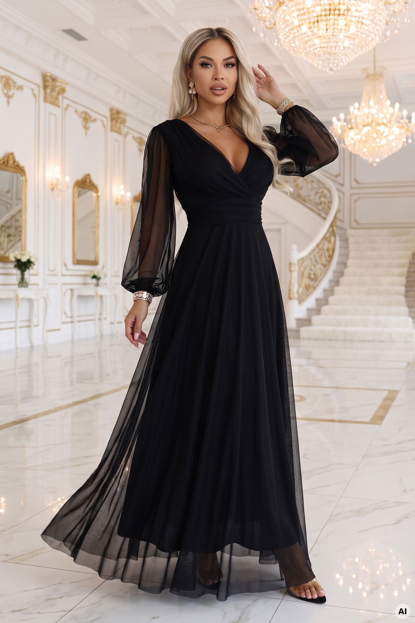 684-4 NERISSA elegancka tiulowa sukienka maxi z kopertowym dekoltem - czarna - obrazek 7