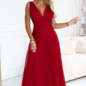 687-2 Elegancka sukienka maxi z kopertowym dekoltem i odkrytymi plecami - jasne bordo