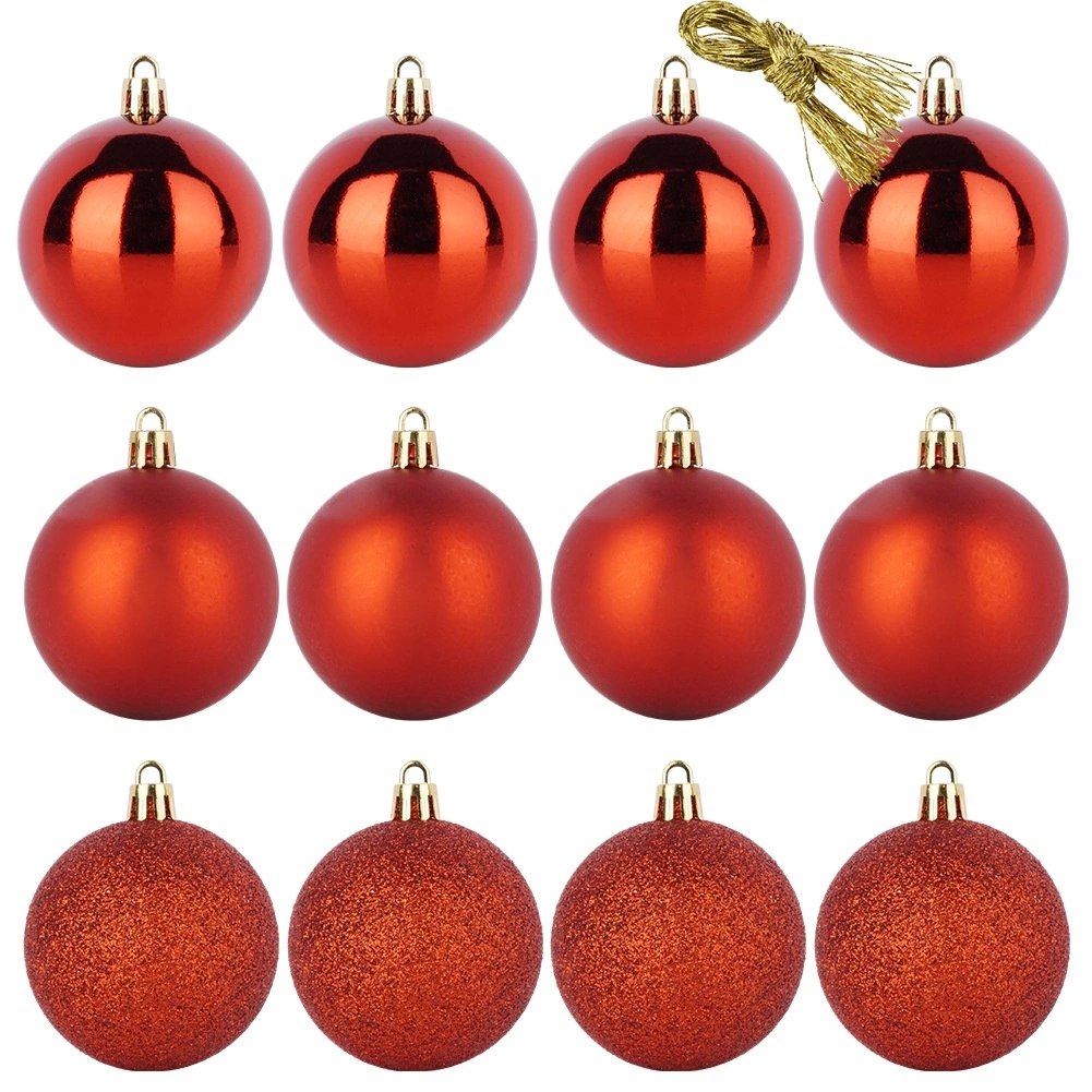 Bombki Czerwone 12 szt. Nietłukące 6 cm Zestaw Mat/Błysk/Brokat Dekor - obrazek 3