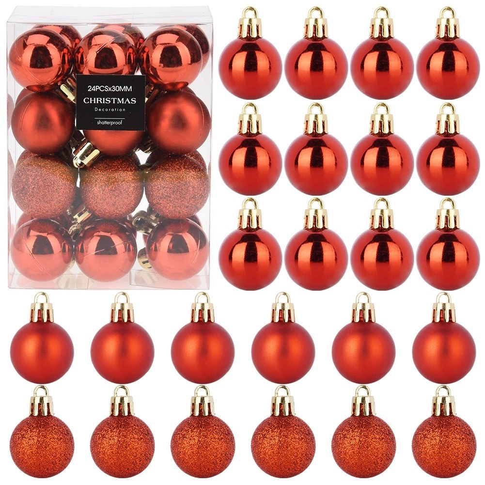 Bombki Czerwone 24 szt. Nietłukące 3 cm Komplet Mat/Błysk/Brokat Dekor
