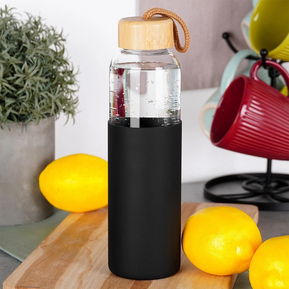 Butelka na Wodę VILDE Szklana 500 ml Silikonowy Pokrowiec Czarny - obrazek 2