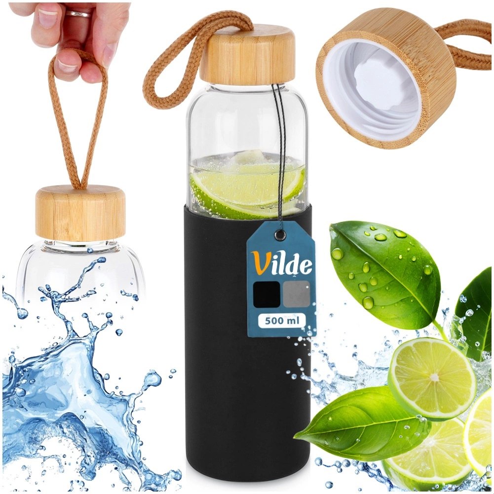 Butelka na Wodę VILDE Szklana 500 ml Silikonowy Pokrowiec Czarny - obrazek 6