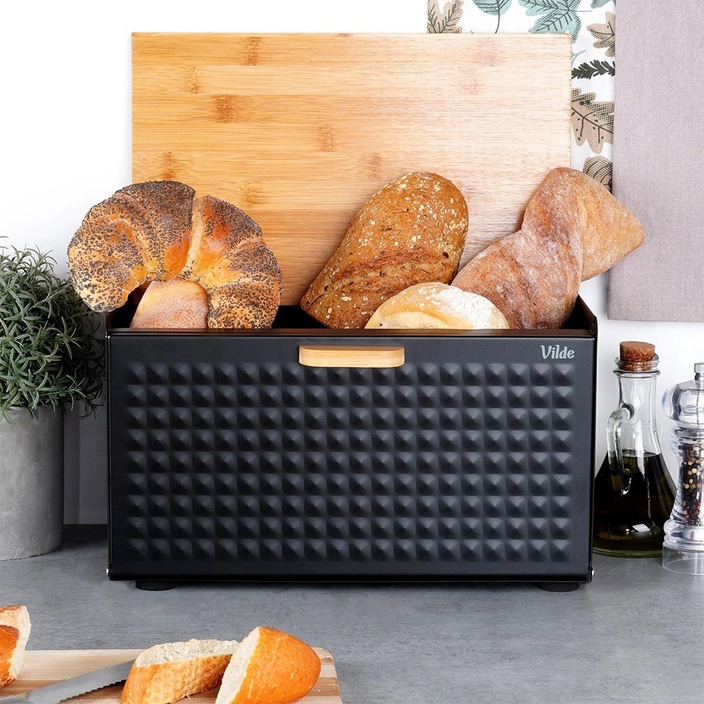 Chlebak Metalowy VILDE Czarny 35,5 x 22 x 20,5 cm z Pokrywą i Deską - obrazek 7