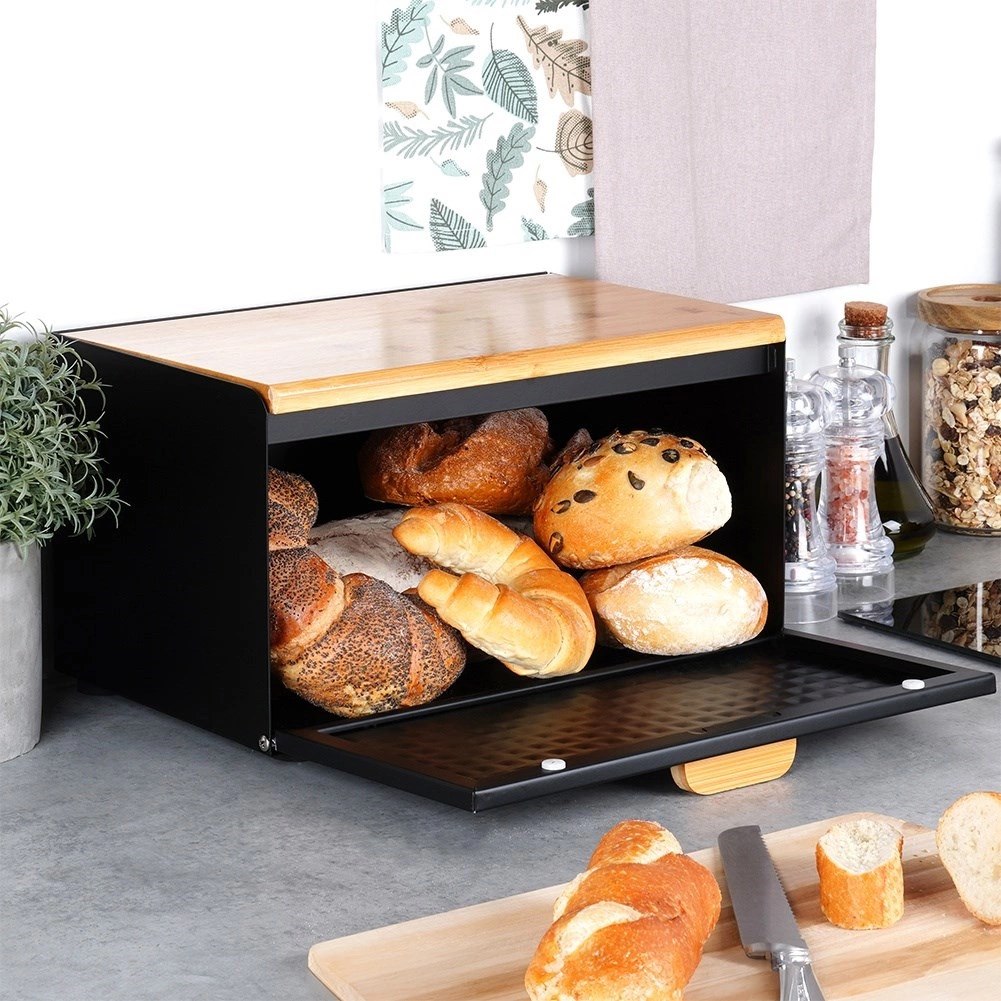 Chlebak Metalowy VILDE Czarny 35,5 x 22 x 20,5 cm z Pokrywą i Deską - obrazek 8