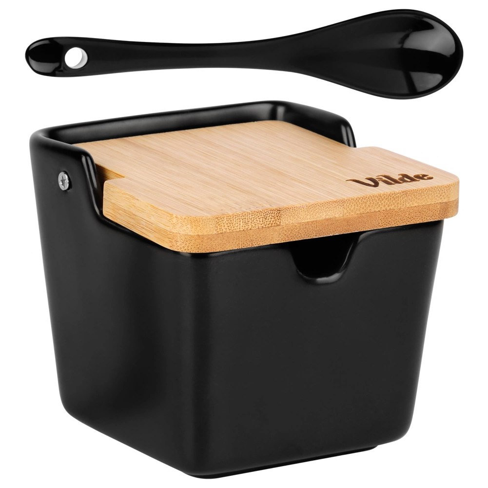 Cukierniczka Cukiernica Z Pokrywką Łyżeczką Ceramiczna Czarna VILDE 250 ml - obrazek 3