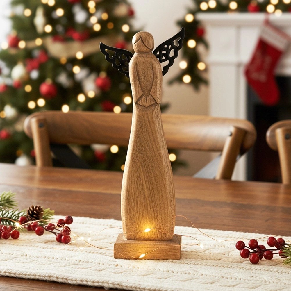 Figurka Anioł Drewno Mango 34 cm Metalowe Skrzydła Dekoracja - obrazek 2