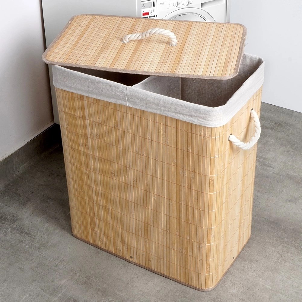Kosz na Pranie Bambusowy Beżowy 90 L VILDE Pojemny i Drewniany - obrazek 2