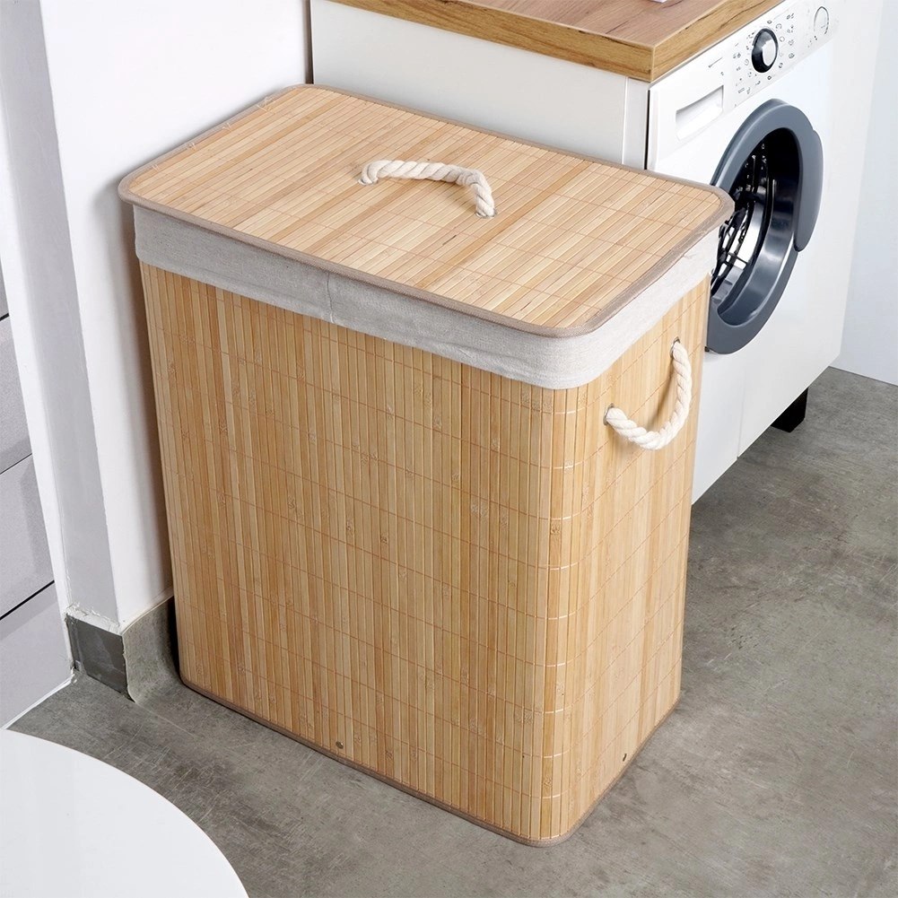 Kosz na Pranie Bambusowy Beżowy 90 L VILDE Pojemny i Drewniany - obrazek 6