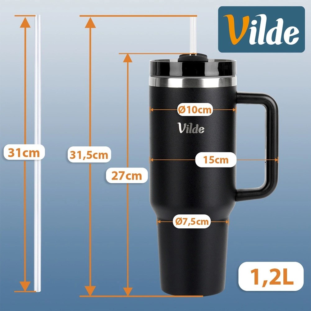 Kubek Termiczny 1,2 L z Rurką i Uchwytem Czarny Termos XXL VILDE - obrazek 5