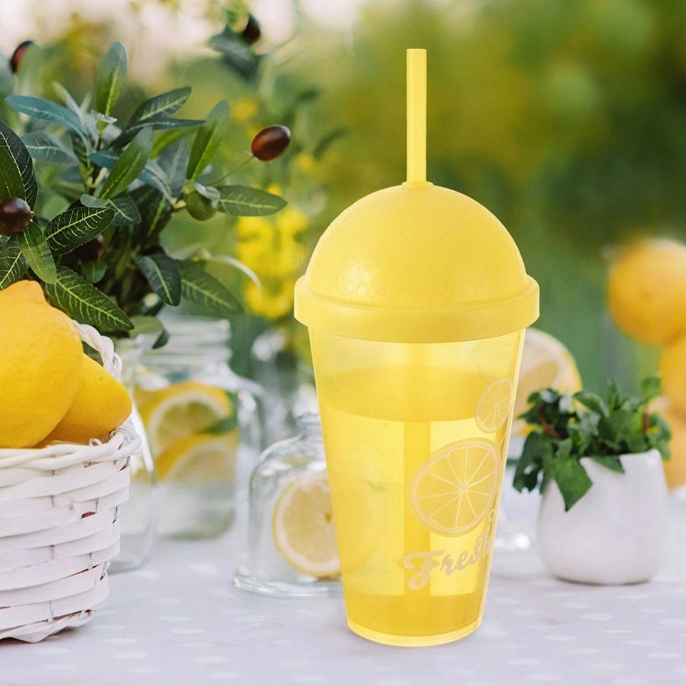 Kubek z Pokrywką i Słomką 450 ml ORION Żółty Nietłukący do Napojów - obrazek 2
