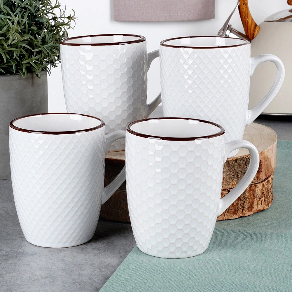 Kubki Ceramiczne Białe do Kawy Herbaty Zestaw Ozdobny VILDE 400 ml 4 szt. - obrazek 2