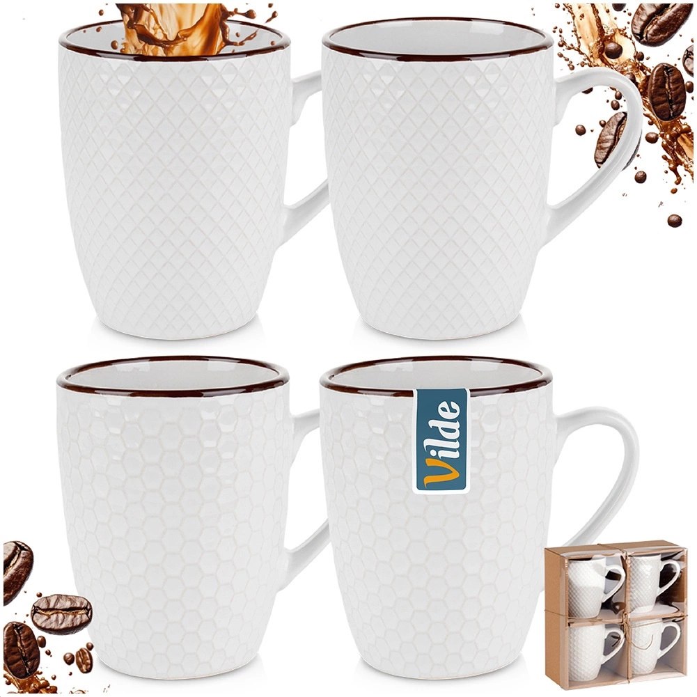 Kubki Ceramiczne Białe do Kawy Herbaty Zestaw Ozdobny VILDE 400 ml 4 szt. - obrazek 7