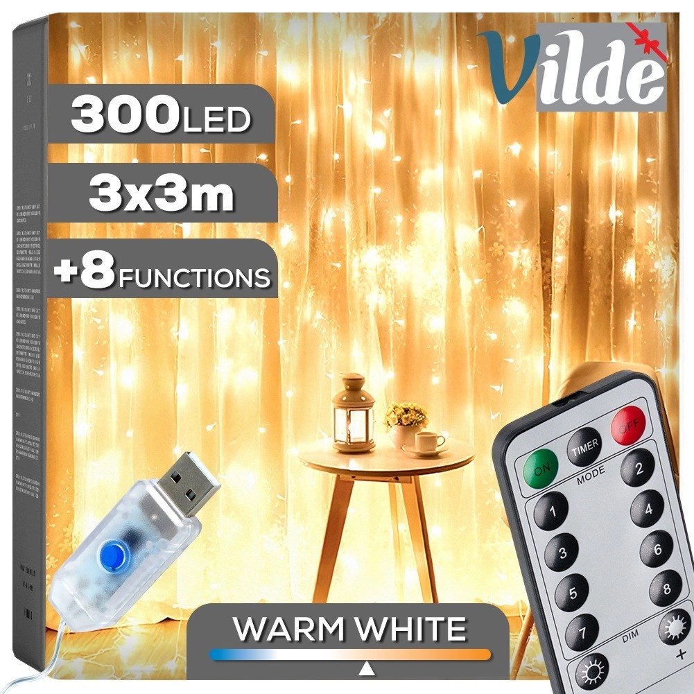 Kurtyna Świetlna 300 led 3 m ORION z Pilotem Ciepła Barwa usb