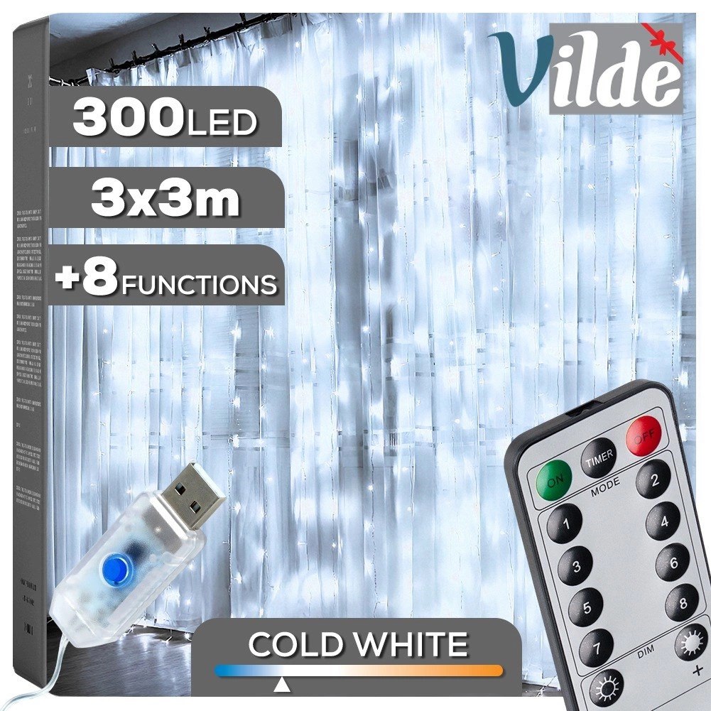 Kurtyna Świetlna 300 led 3 m ORION z Pilotem Zimna Barwa usb