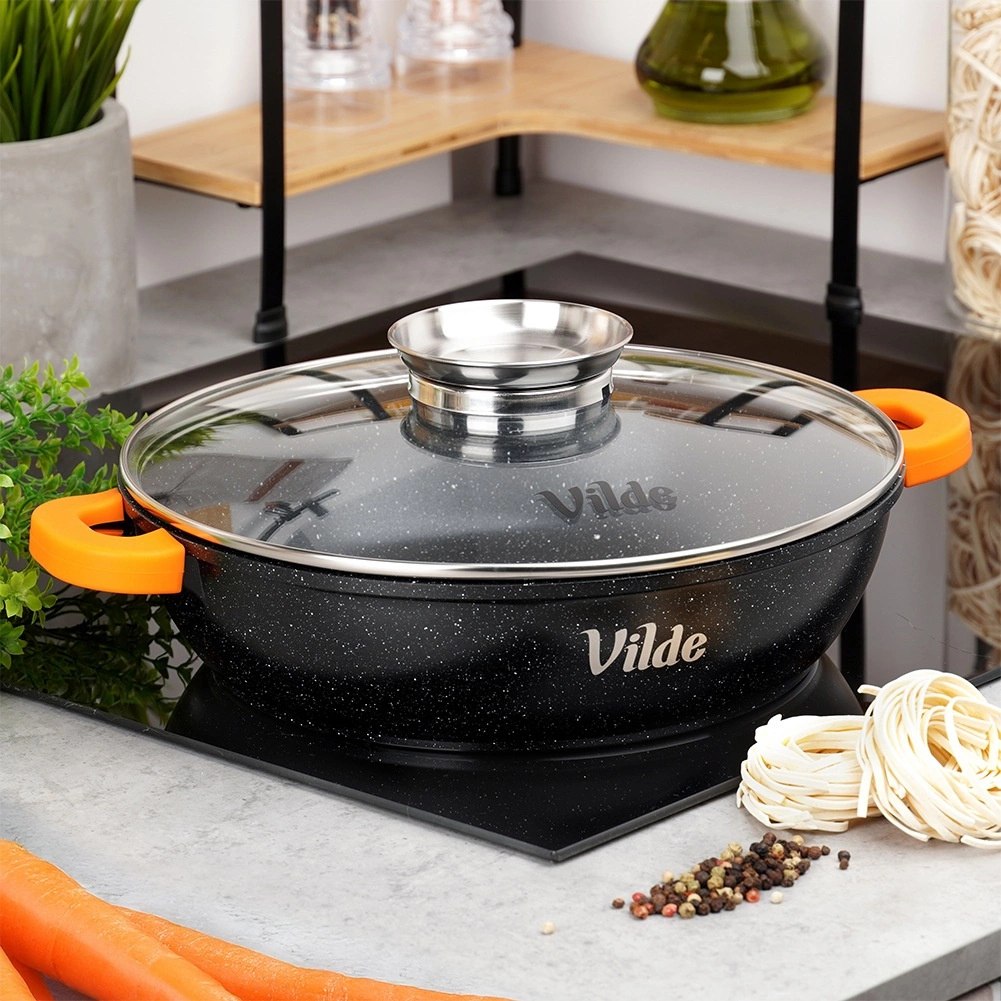 Patelnia Głęboka Granitowa 3,3 L 28 cm Pokrywka Aroma Dozownik VILDE - obrazek 2