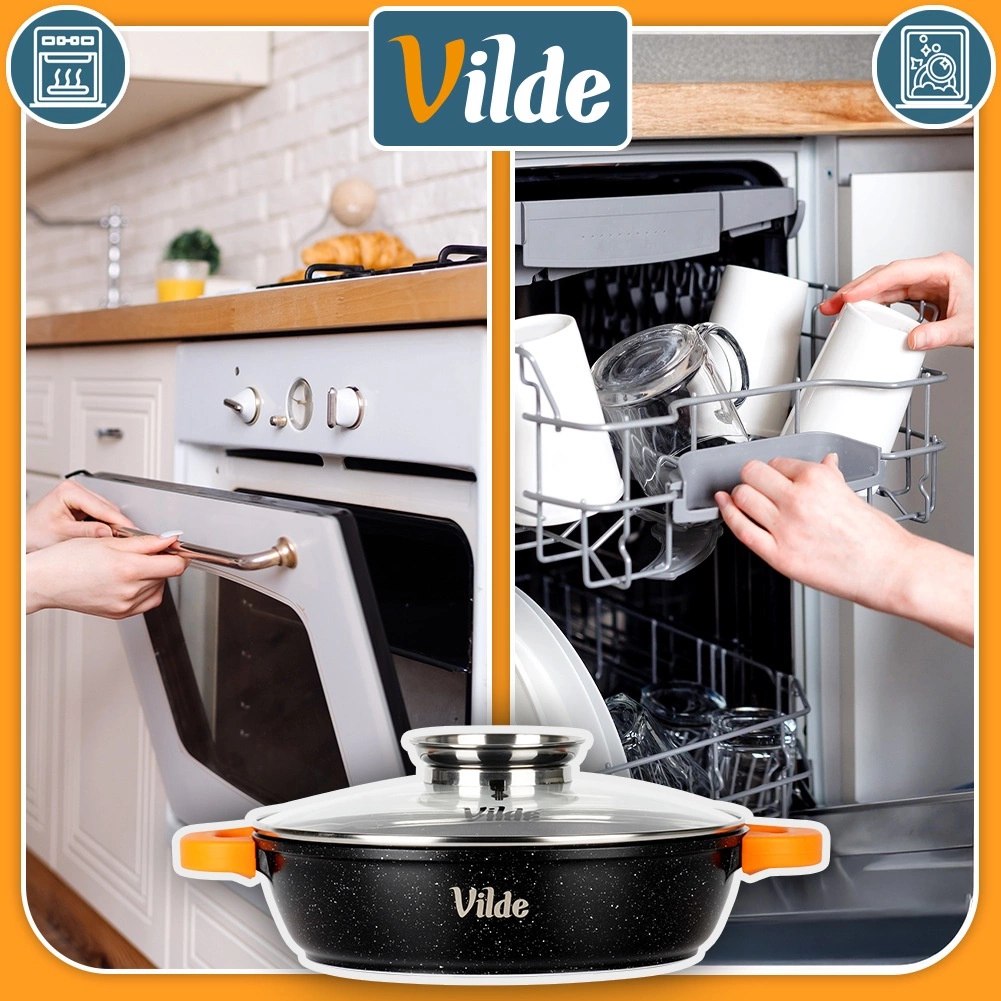 Patelnia Głęboka Granitowa 3,3 L 28 cm Pokrywka Aroma Dozownik VILDE - obrazek 8