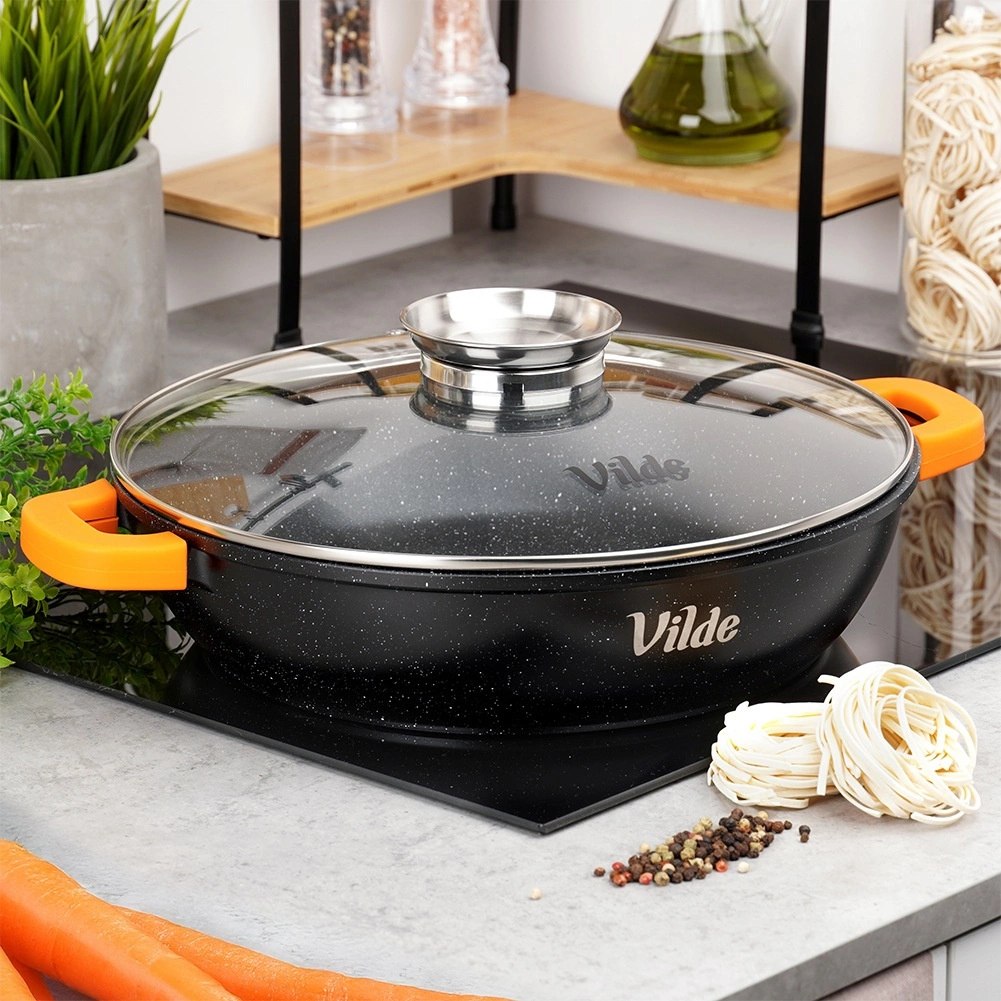 Patelnia Głęboka Granitowa 4,7 L 32 cm Pokrywka Aroma Dozownik VILDE - obrazek 2