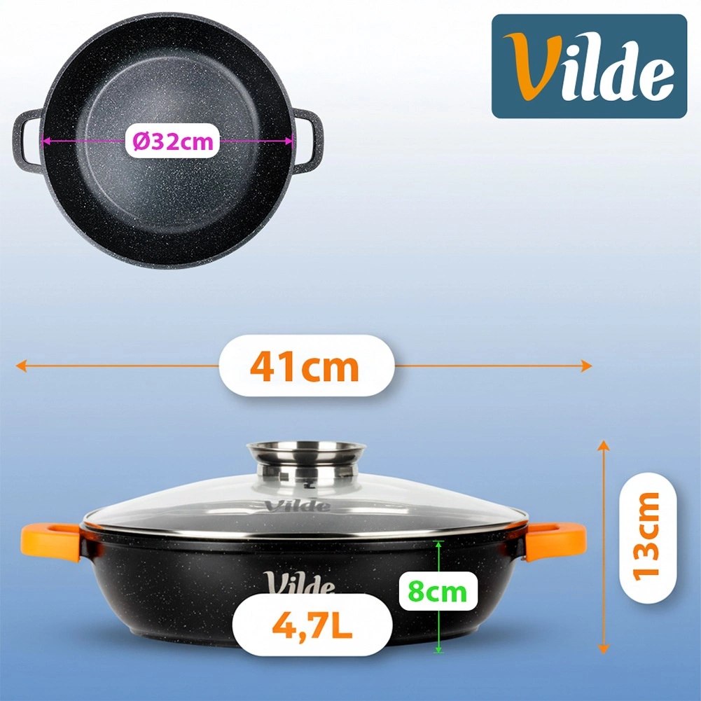 Patelnia Głęboka Granitowa 4,7 L 32 cm Pokrywka Aroma Dozownik VILDE - obrazek 5