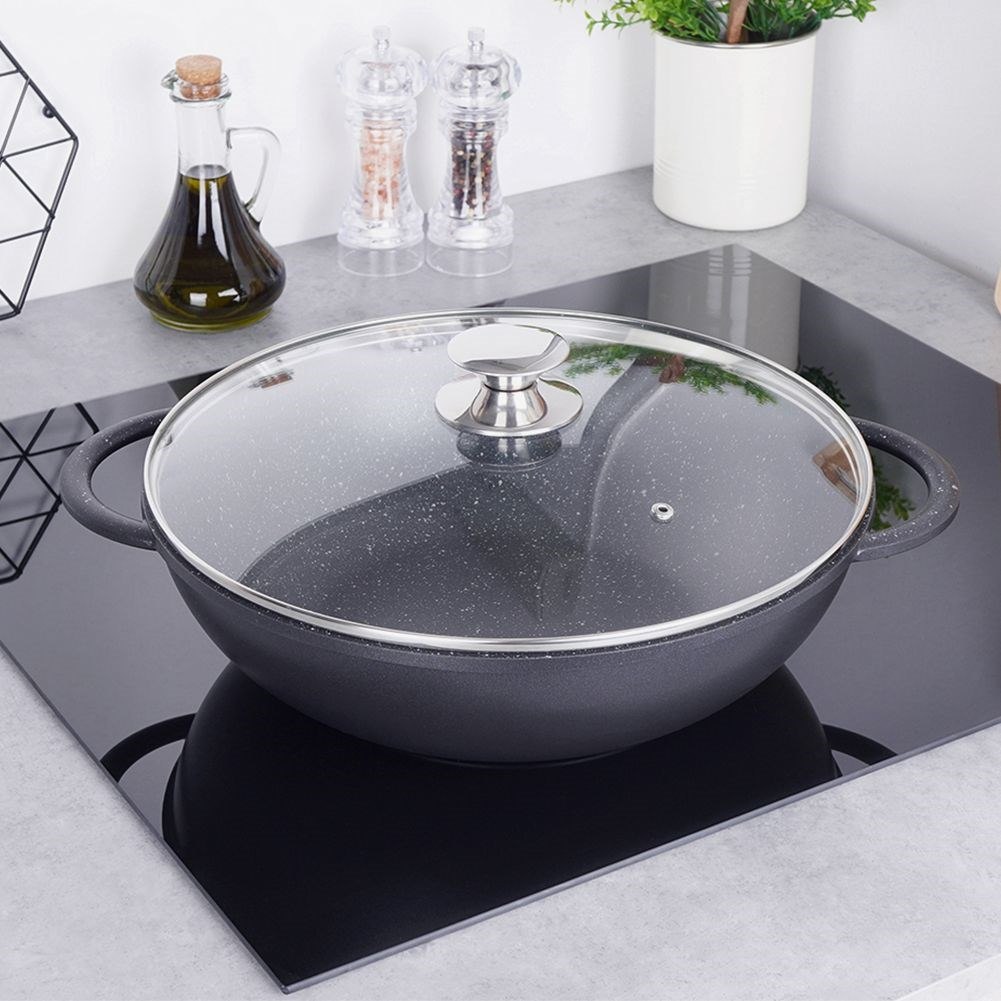 Patelnia Wok Granitowa Głęboka ze Szklaną Pokrywką Gaz Indukcja ORION 32 cm - obrazek 2