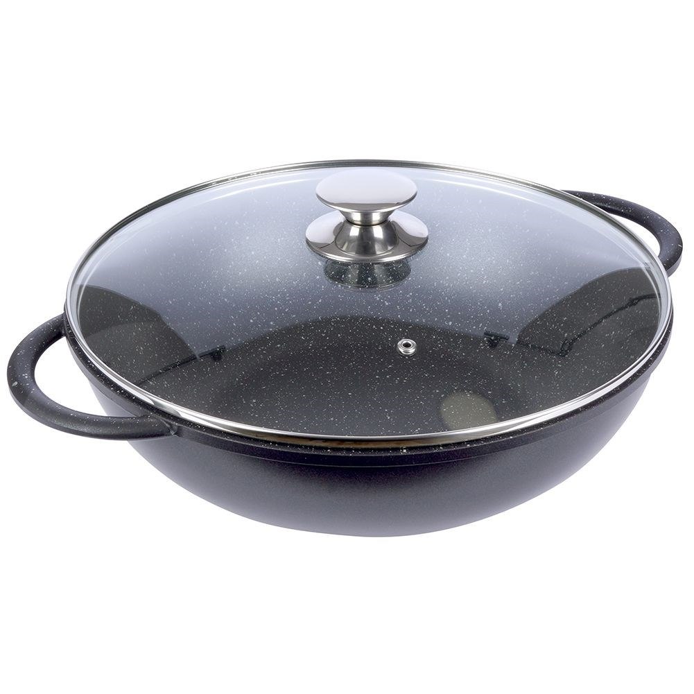 Patelnia Wok Granitowa Głęboka ze Szklaną Pokrywką Gaz Indukcja ORION 32 cm - obrazek 3
