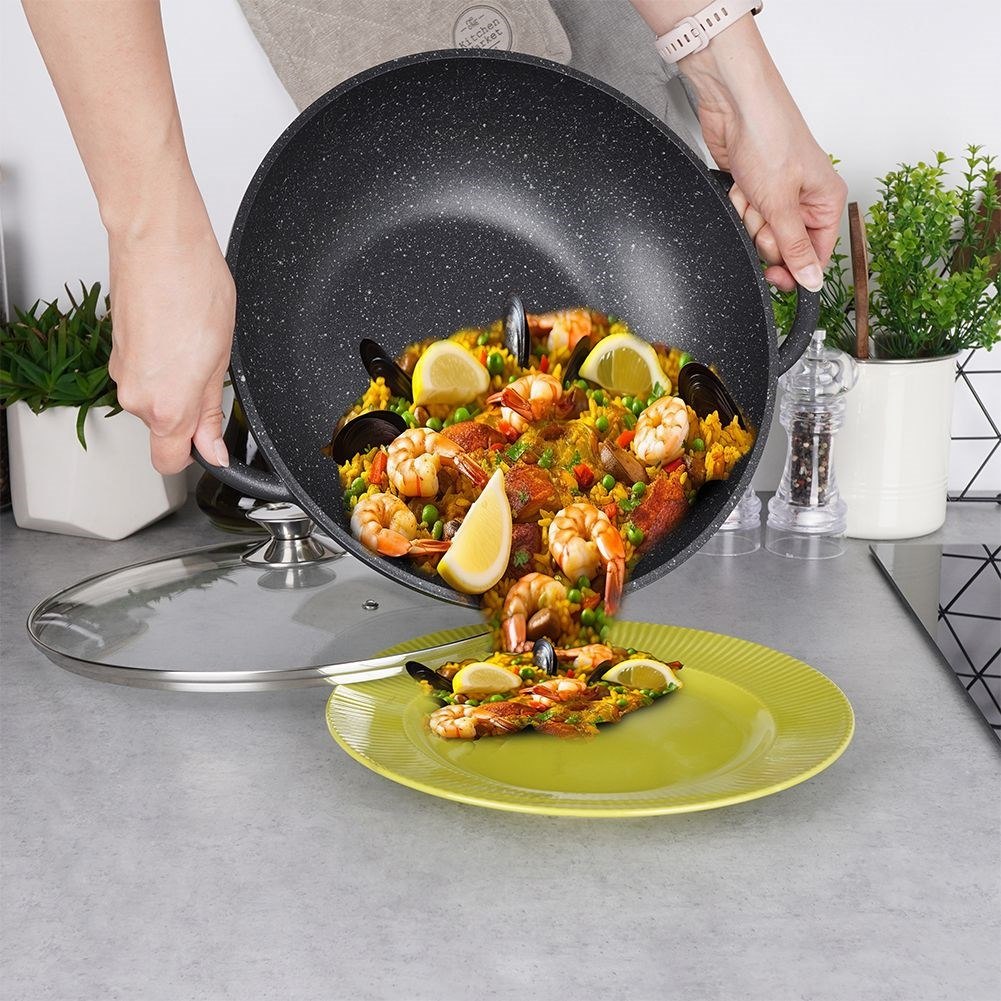Patelnia Wok Granitowa Głęboka ze Szklaną Pokrywką Gaz Indukcja ORION 32 cm - obrazek 4