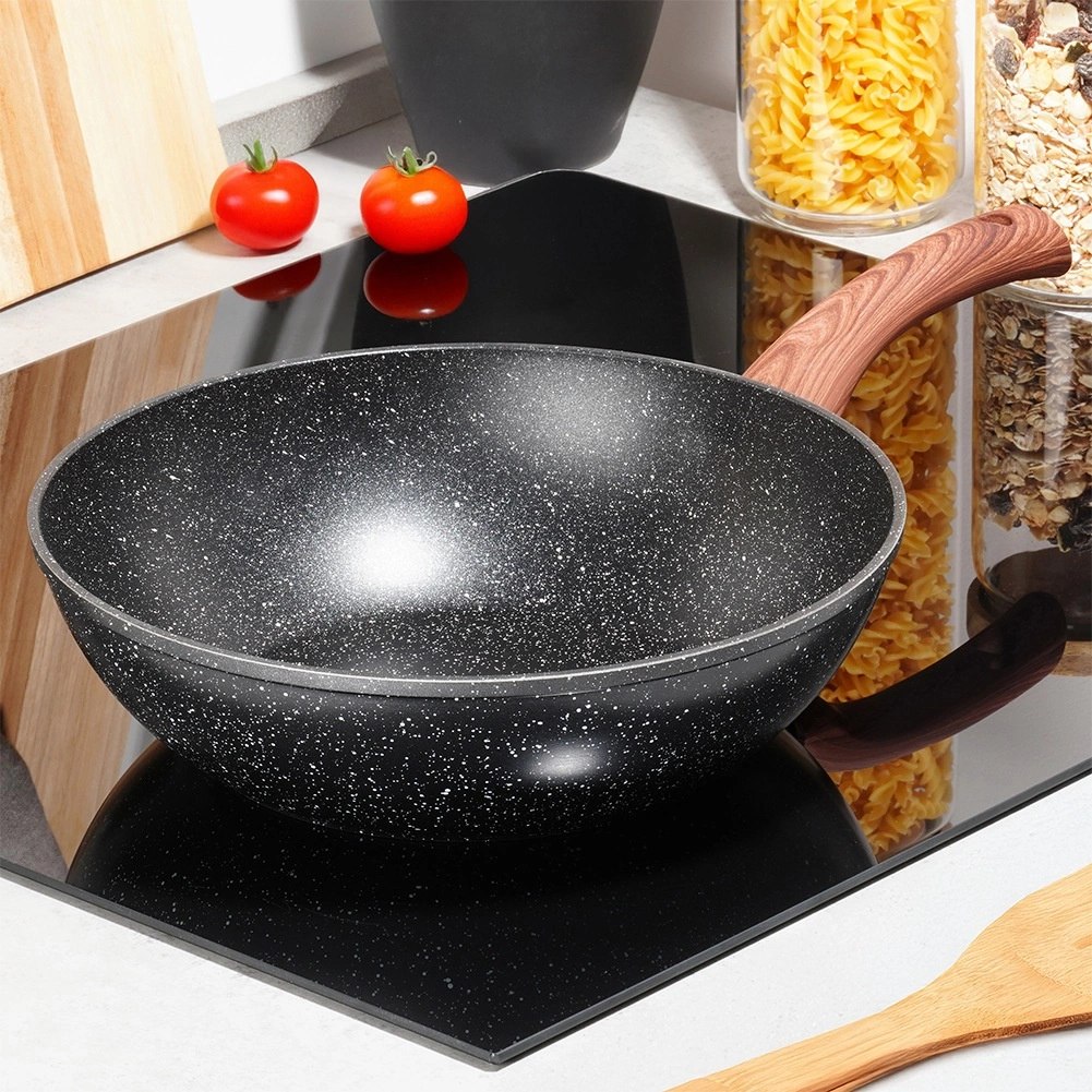 Patelnia Wok Granitowa 28 cm VILDE Black&Wood Nieprzywierająca Indukcja - obrazek 2