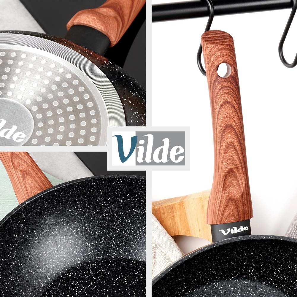 Patelnia Wok Granitowa 28 cm VILDE Black&Wood Nieprzywierająca Indukcja - obrazek 7