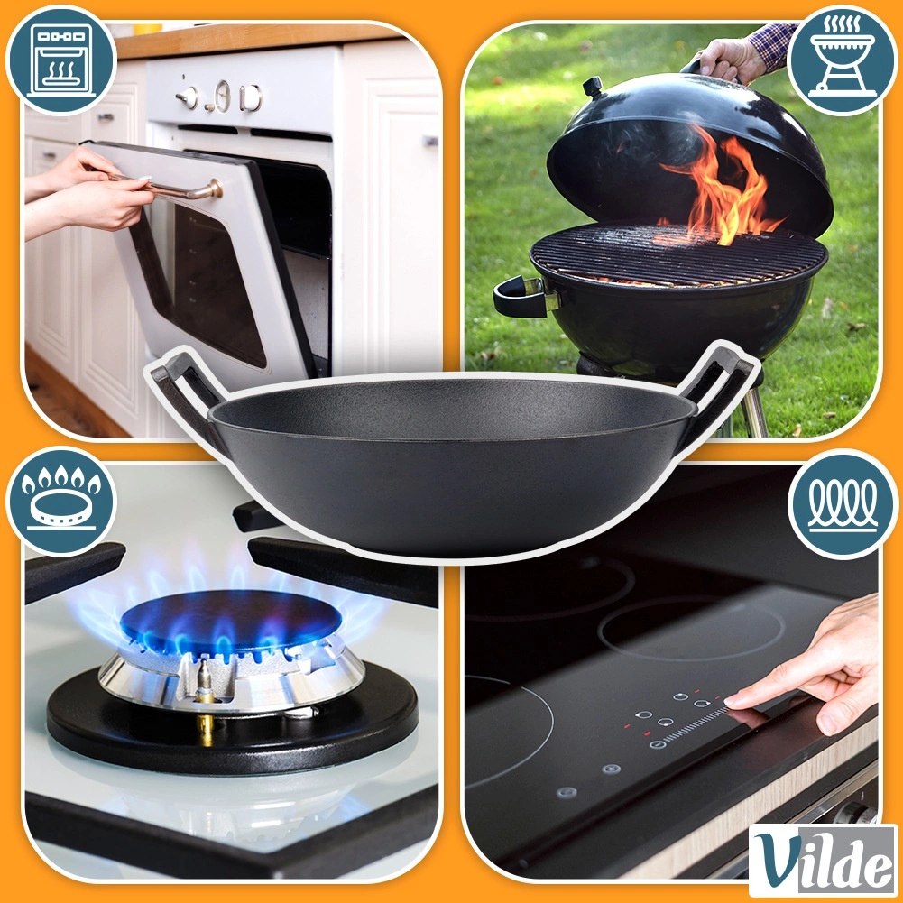 Patelnia Wok Żeliwna Duża 36 cm VILDE Cast Line do Indukcji Grill - obrazek 5