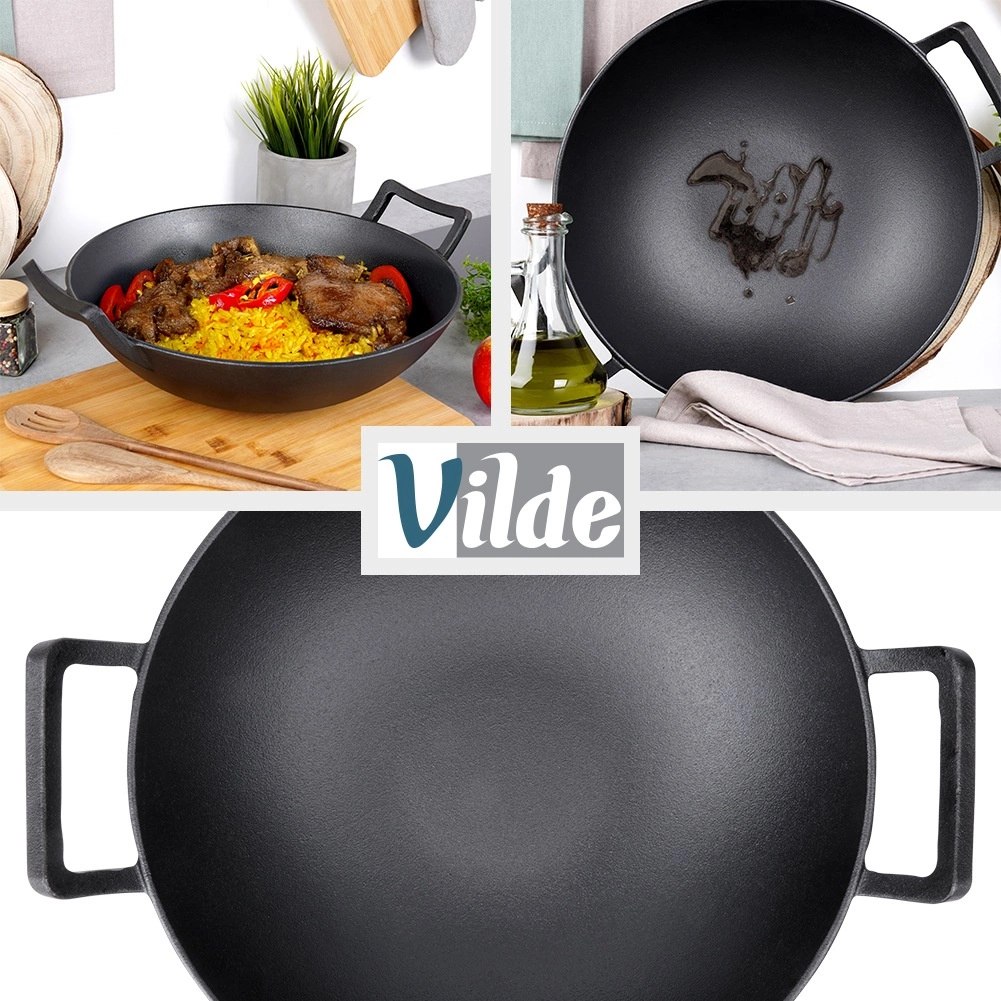 Patelnia Wok Żeliwna Duża 36 cm VILDE Cast Line do Indukcji Grill - obrazek 7