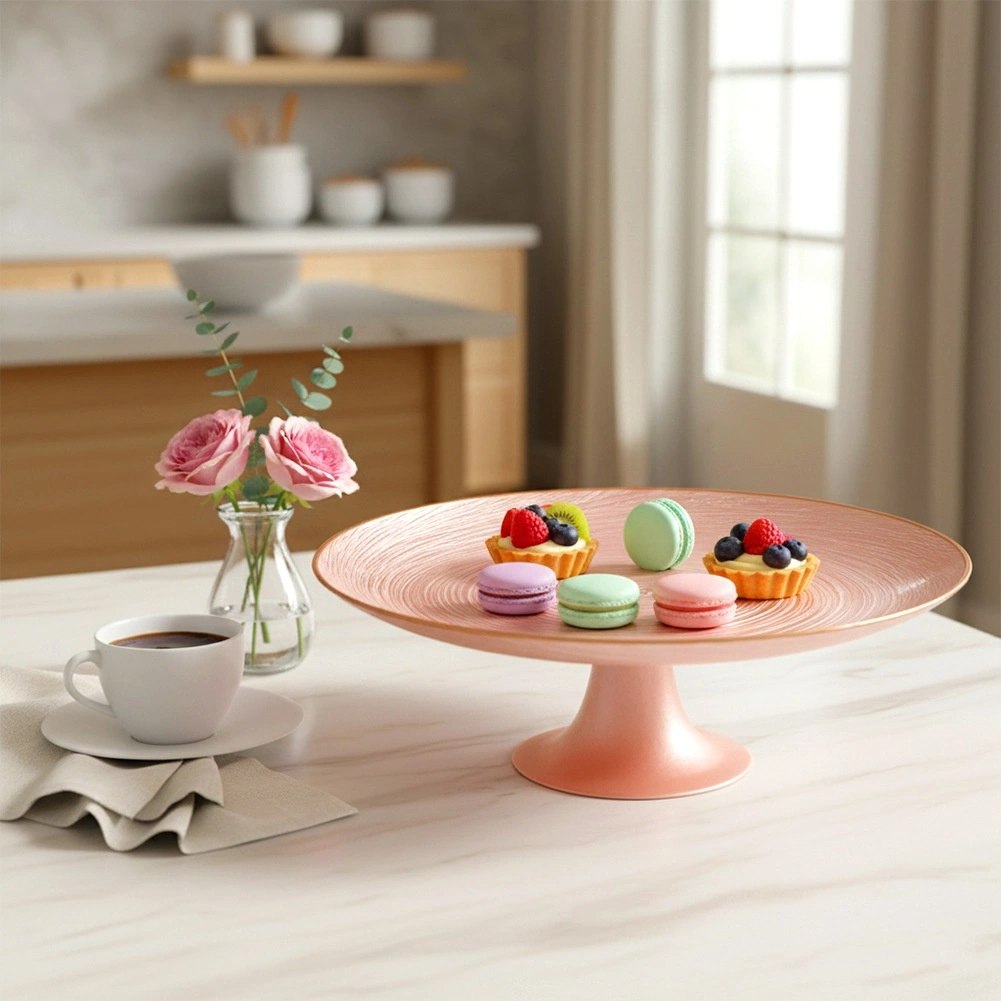 Patera na Tort Ciasto na Nóżce Szkło Perłowy Róż 28 cm Home Styling - obrazek 2