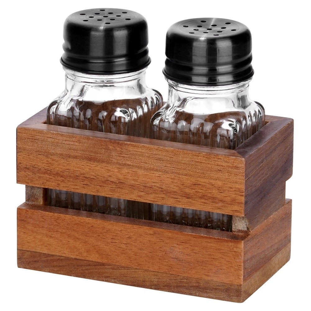 Solniczka Pieprzniczka Ryflowana Drewniany Stojak Brąz 60 ml VILDE - obrazek 3