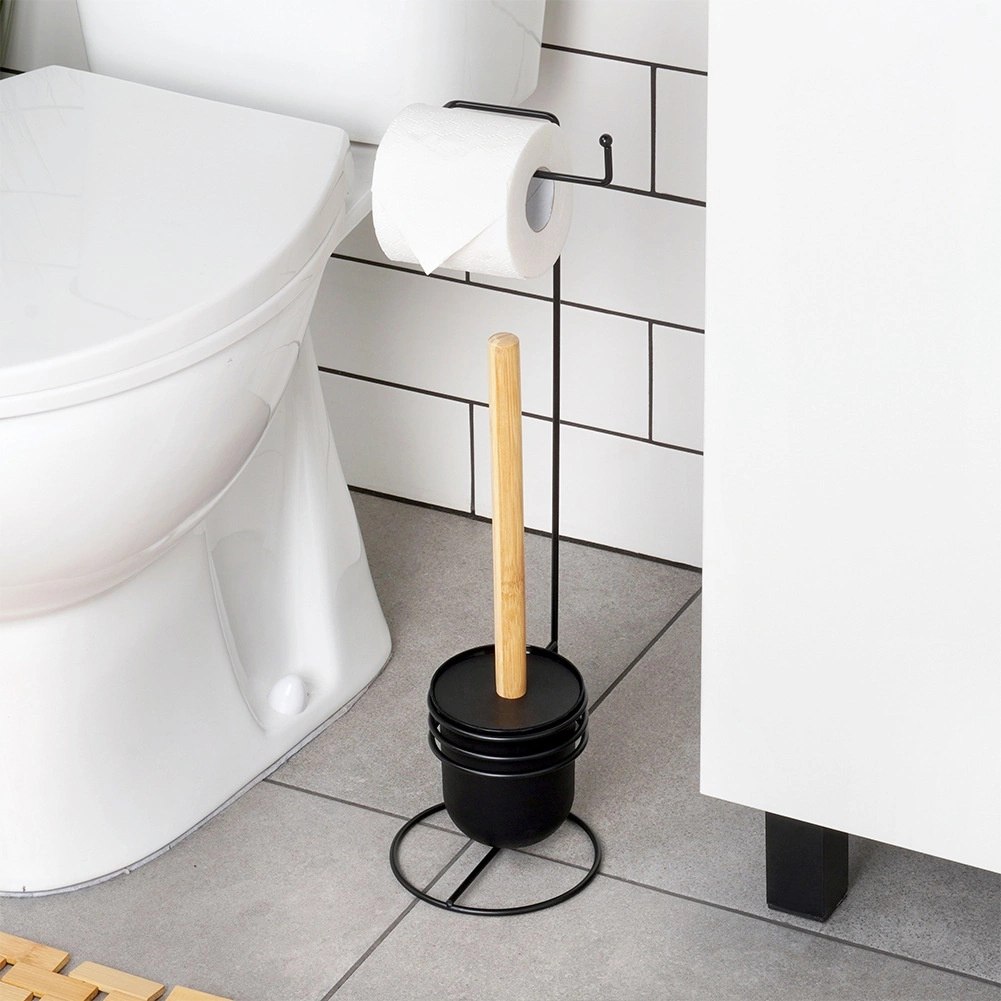Stojak Łazienkowy VILDE 2w1 na Papier Toaletowy Szczotka WC Metal Czarny - obrazek 2